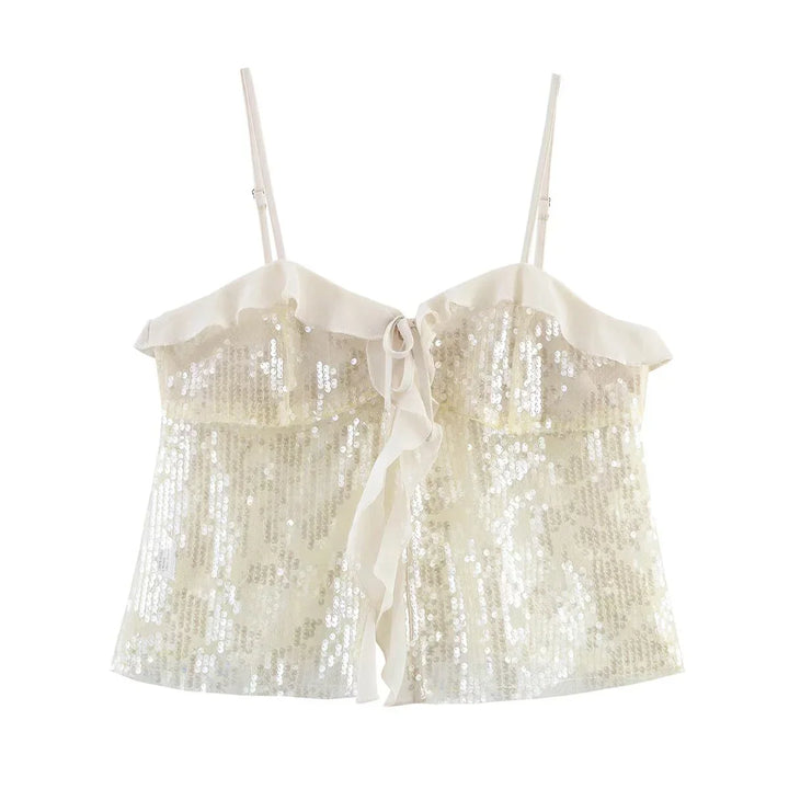 Festive Sequin Women's Top with Bow Closure and Ruffles