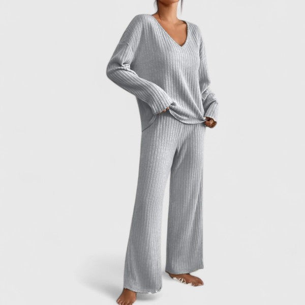Sabina | Women's Lounge Set with Ribbed Knit and Wide Pants