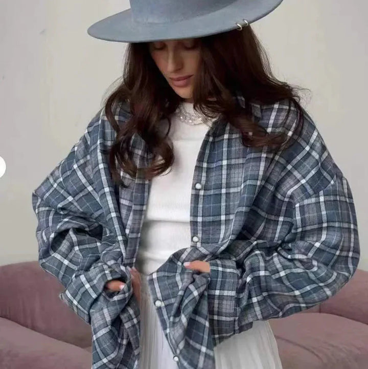 Women's Oversized Winter Checkered Shirt with Brushed Finish, view 4 - Elena Harper