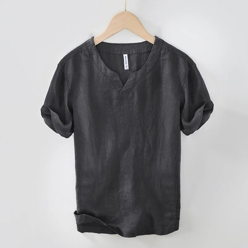 Short Sleeved Linen Shirt with Relaxed Fit for Men - Elena Harper