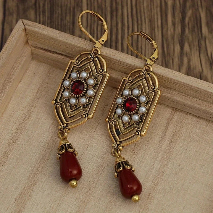 Art Deco Gold Garnet & Pearl Drop Earrings - Elena Harper