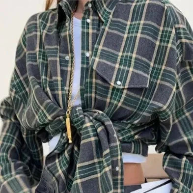 Women's Oversized Winter Checkered Shirt with Brushed Finish, view 3 - Elena Harper