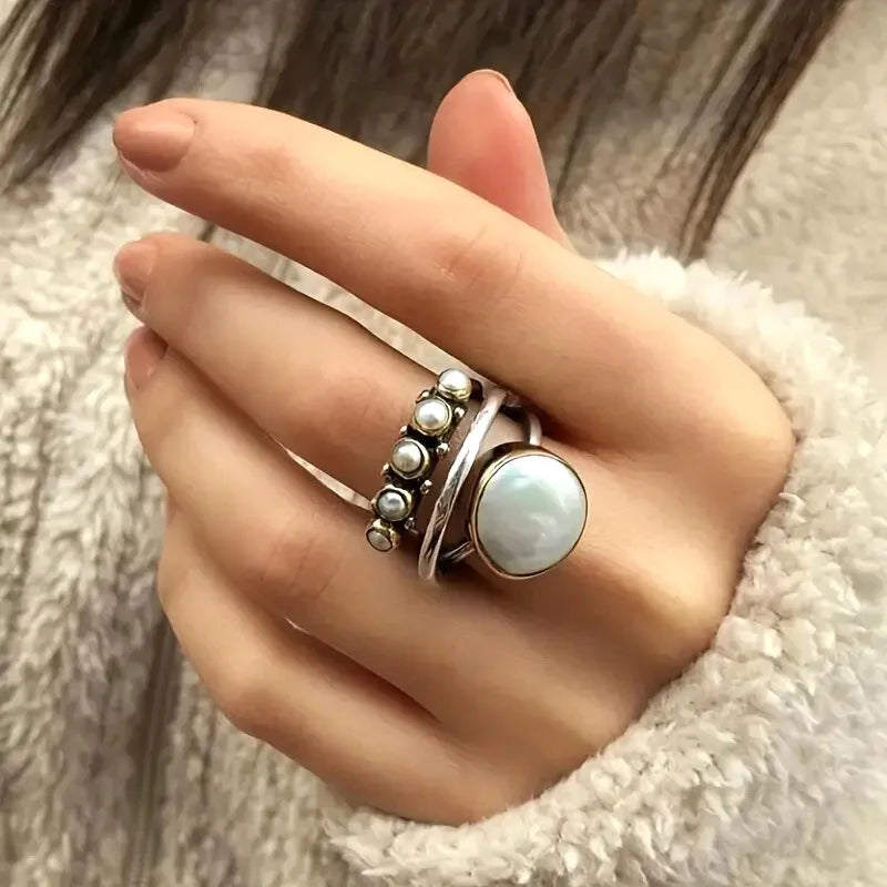 Elegant Silver Pearl Stacking Layered Ring Set - Elena Harper
