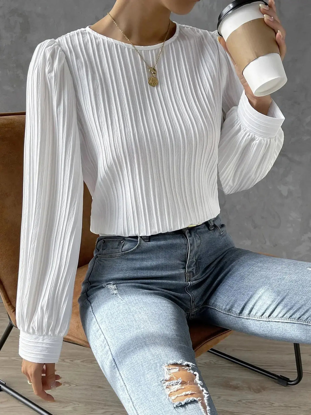 Textured Women's Blouse with Round Neck Elegant Casual Top with Puff Sleeves, view 5 - Elena Harper