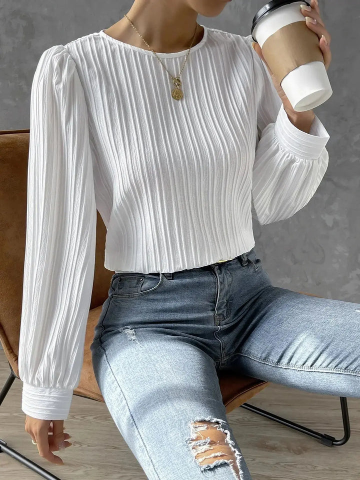 Textured Women's Blouse with Round Neck Elegant Casual Top with Puff Sleeves, view 5 - Elena Harper