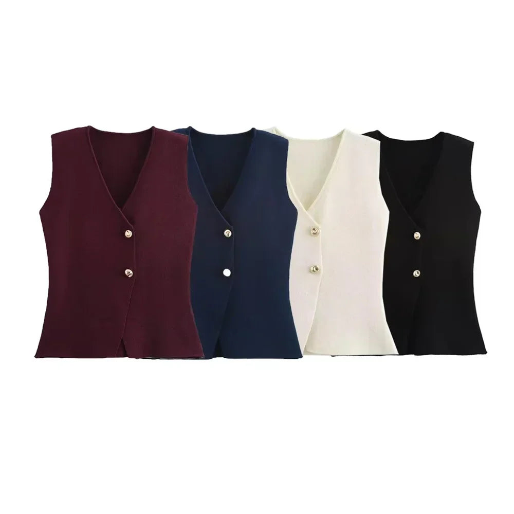 Button Front Knitted Vest Top with Sleeveless Design