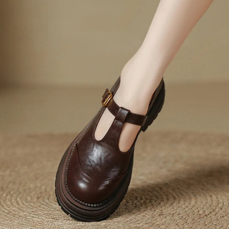 Women's T-Bar Mary Jane Shoes Round Toe Brogue Detail