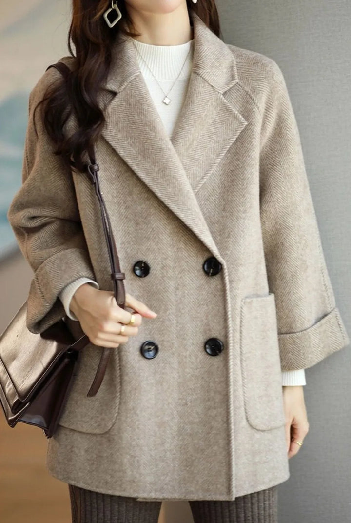 Double-Breasted Premium Wool Autumn Coat with Notched Collar and Oversized Pockets, view 8 - Elena Harper