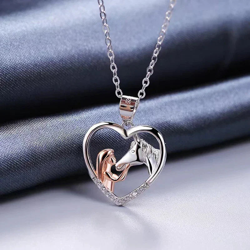 Beautiful Heart Zircon Girl and Horse Necklace - Elena Harper