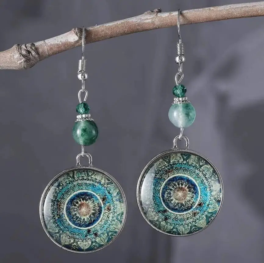 Boho Mandala Glass Disc Drop Earrings - Elena Harper