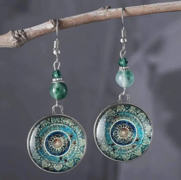 Boho Mandala Glass Disc Drop Earrings - Elena Harper