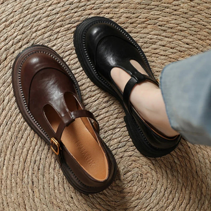 Women's T-Bar Mary Jane Shoes Round Toe Brogue Detail