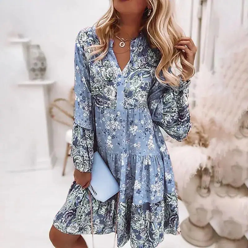 Helena- Floral V-Neck A-Line Dress - Elena Harper