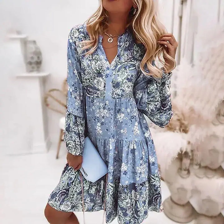 Helena- Floral V-Neck A-Line Dress - Elena Harper