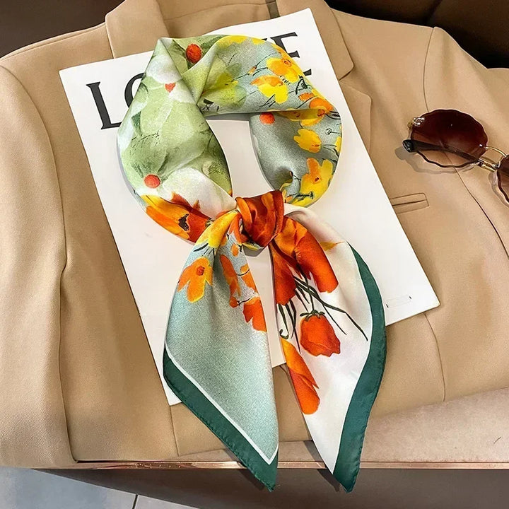Printed Satin Square Scarf for Women - Hair and Bag Accessory