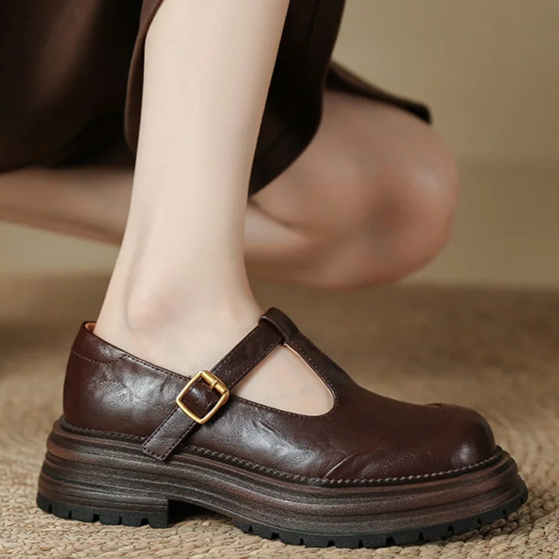 Women's T-Bar Mary Jane Shoes Round Toe Brogue Detail