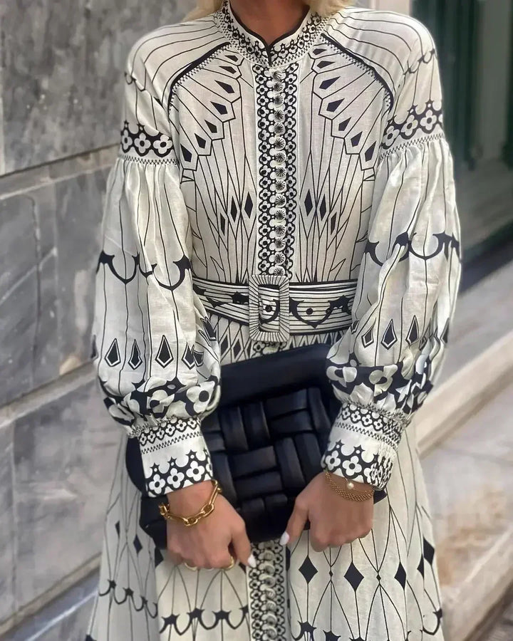 Mirabel - Elegant Retro Pattern Print A-Line Dress