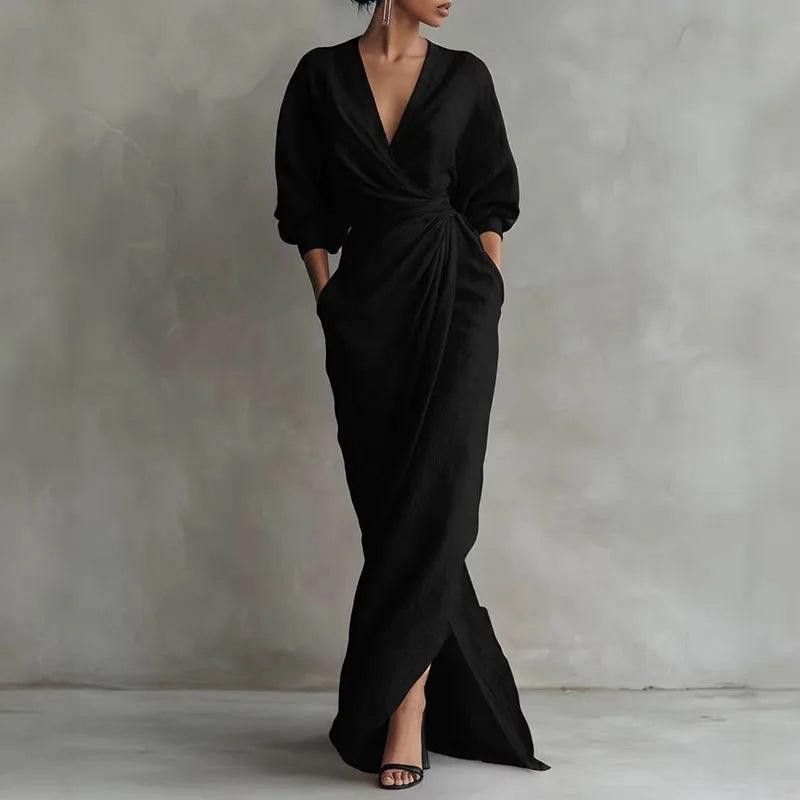 Elena Women’s V-Neck Wrap-Waist Long Dress - Elena Harper
