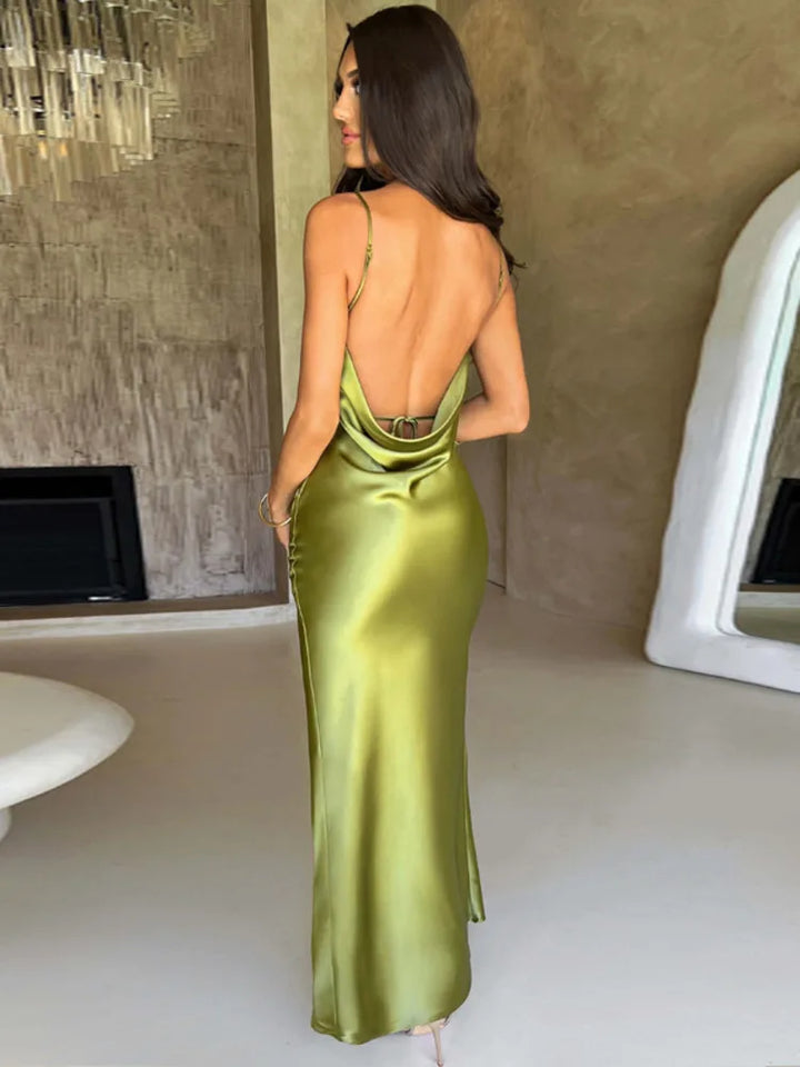 Long satin backless dress with thin straps | Ideal for spring and summer