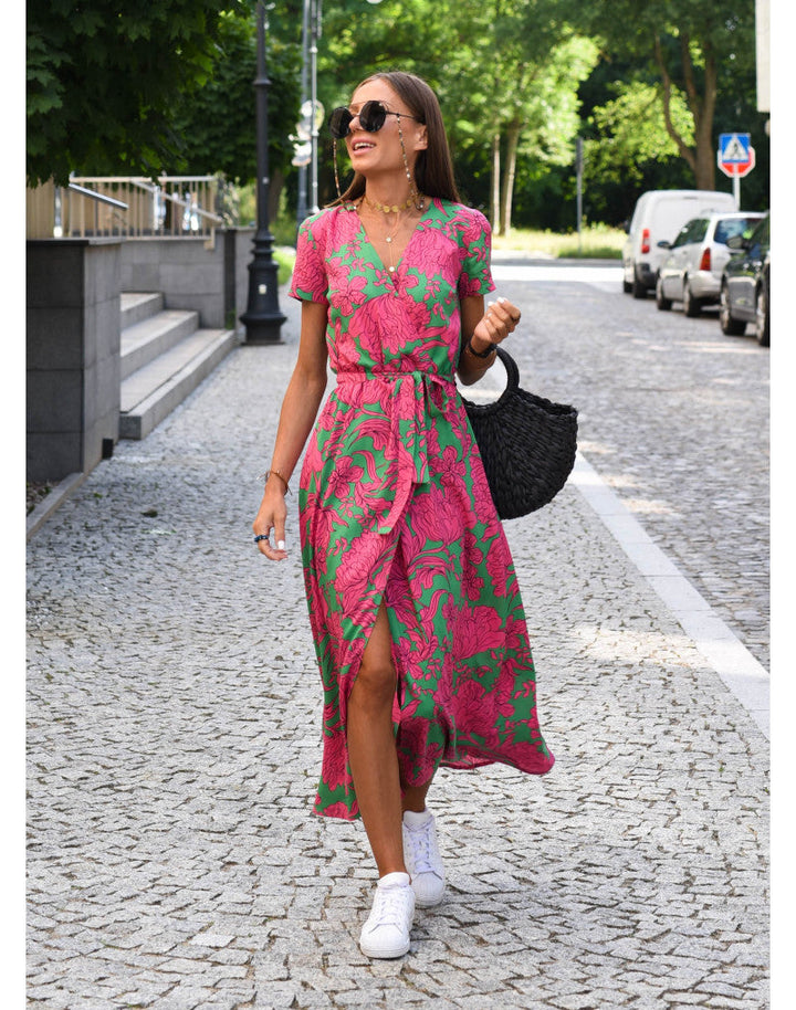 Tzahalit Elegant Floral Dress with V-Neck, view 3 - Elena Harper