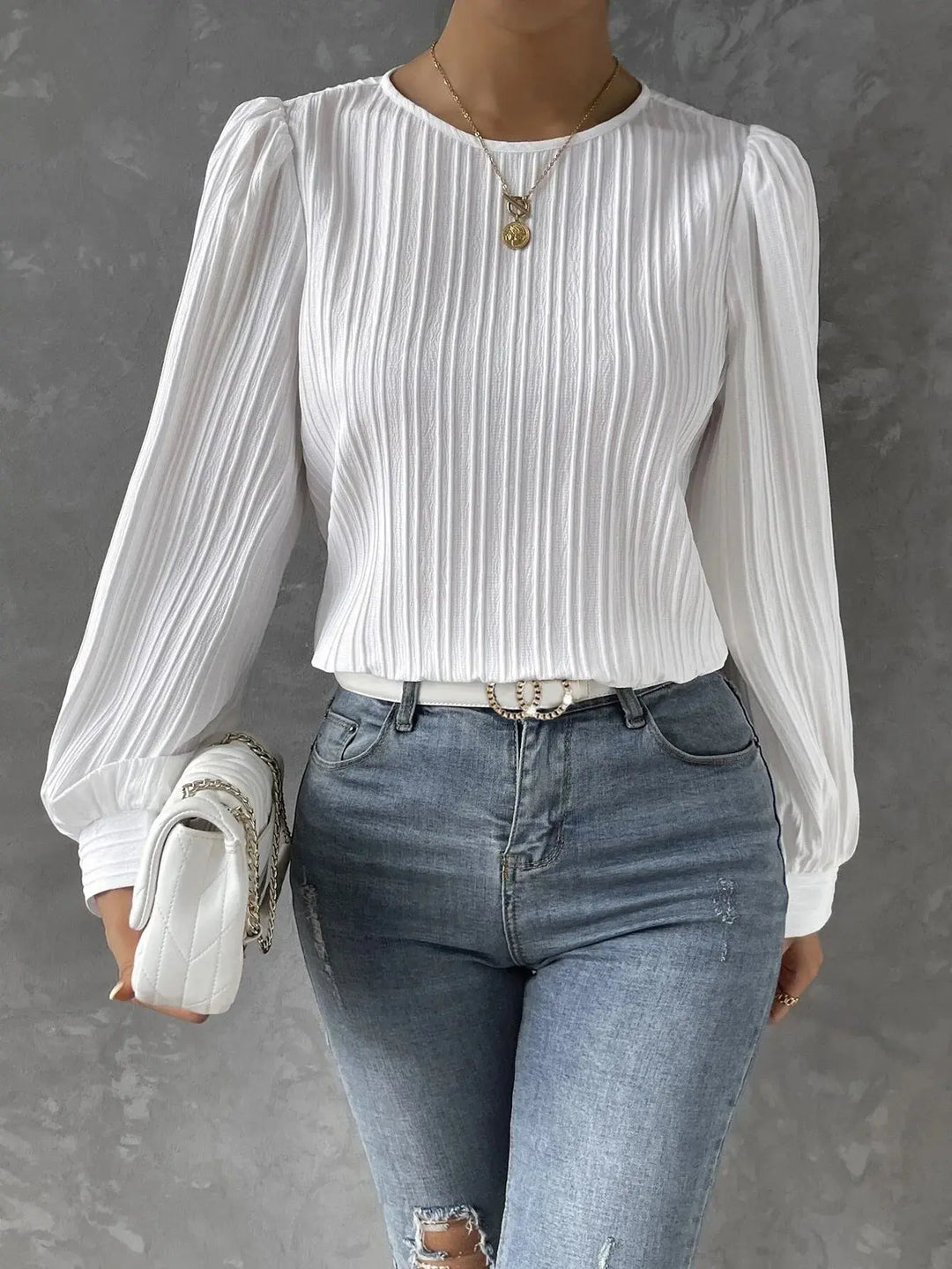 Textured Women's Blouse with Round Neck Elegant Casual Top with Puff Sleeves - Elena Harper