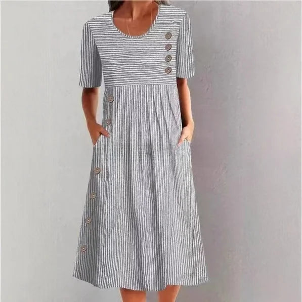 Mari STRIPED COTTON MIDI DRESS WITH RELAXED ELEGANCE - Elena Harper