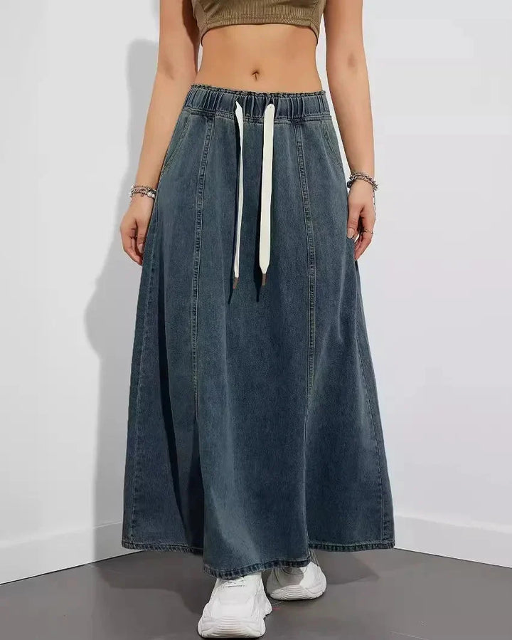 Maxi Skirt for Women with Elastic Waist, Drawstring, and Side Pockets Denim Blend, view 2 - Elena Harper
