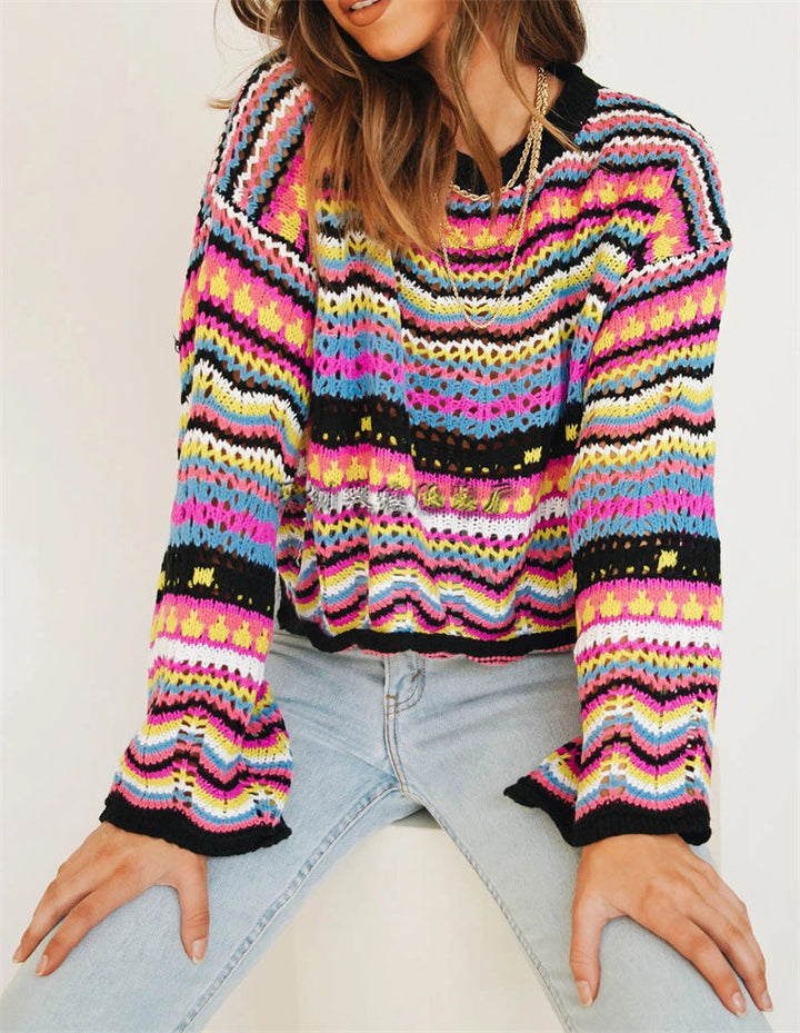 Ladies' Sweater, Knitted Sweater Striped Trendy Ideal for Casual Style, view 2 - Elena Harper