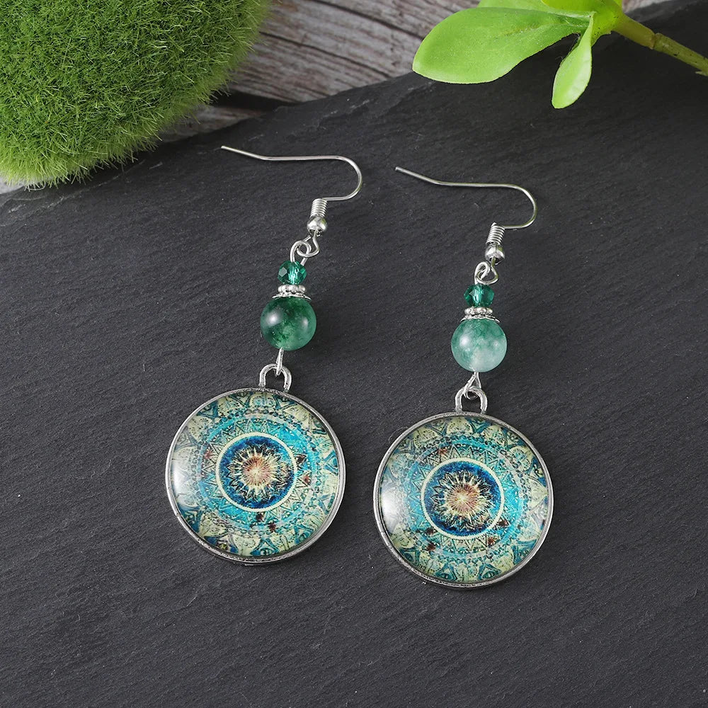 Boho Mandala Glass Disc Drop Earrings - Elena Harper