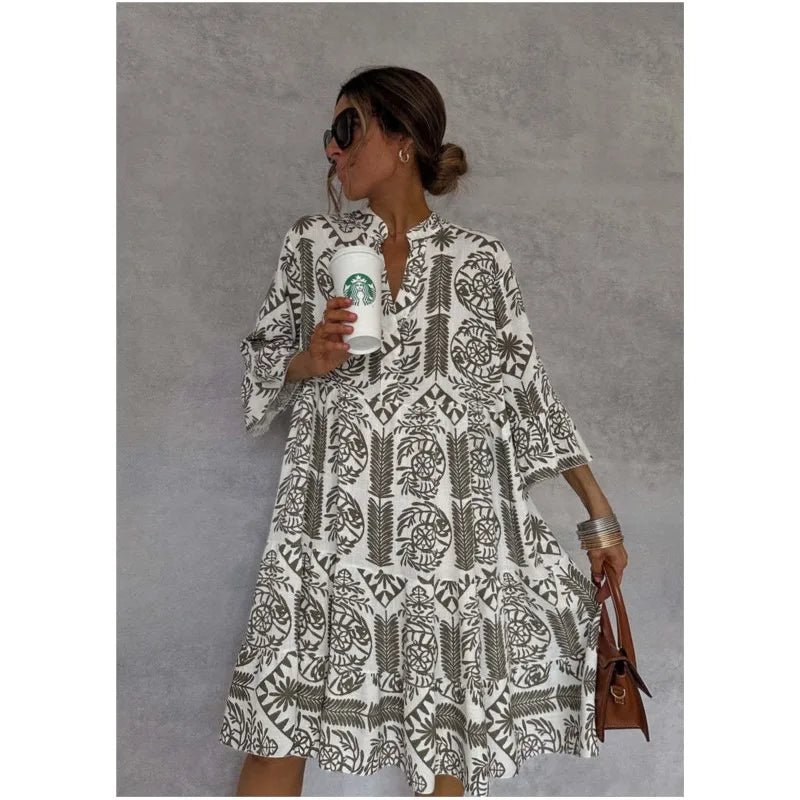 Adeline A-Line Dress with V-Neck Print - Elena Harper