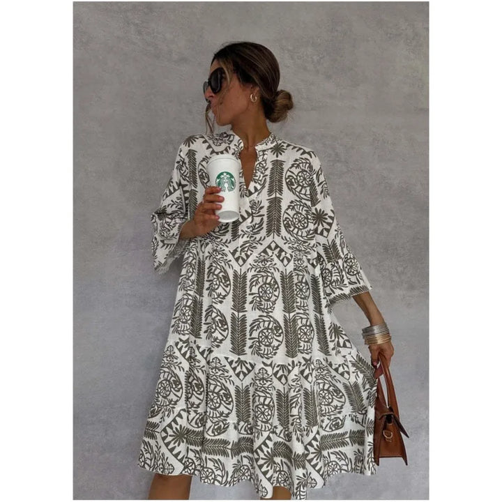Adeline A-Line Dress with V-Neck Print - Elena Harper
