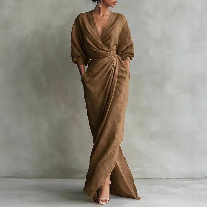 Elena Women’s V-Neck Wrap-Waist Long Dress - Elena Harper