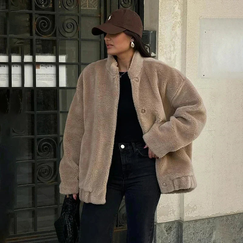 Adelaide Teddy Faux Fur Coat with Drop Shoulder Drape for Women - Elena Harper
