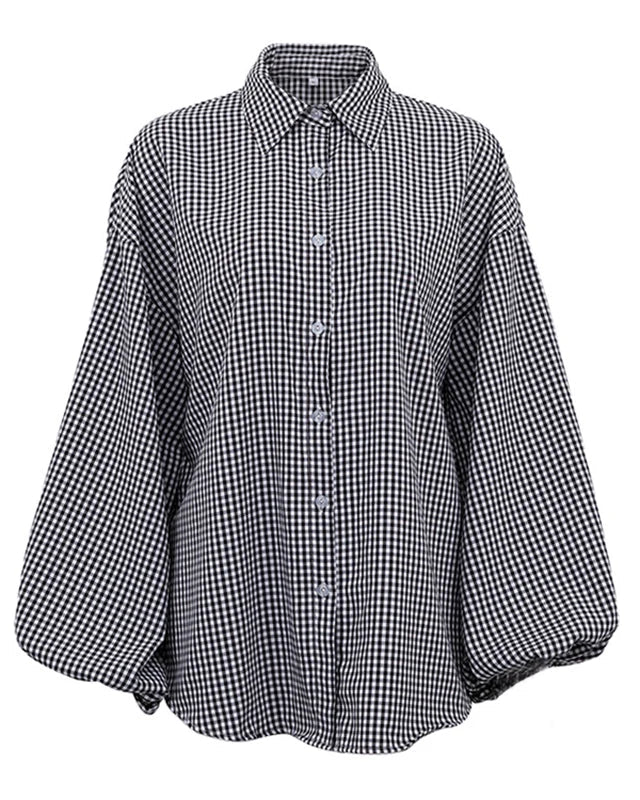 Elegant Oversized Checkered Shirt for Women – Buttoned Balloon Sleeves