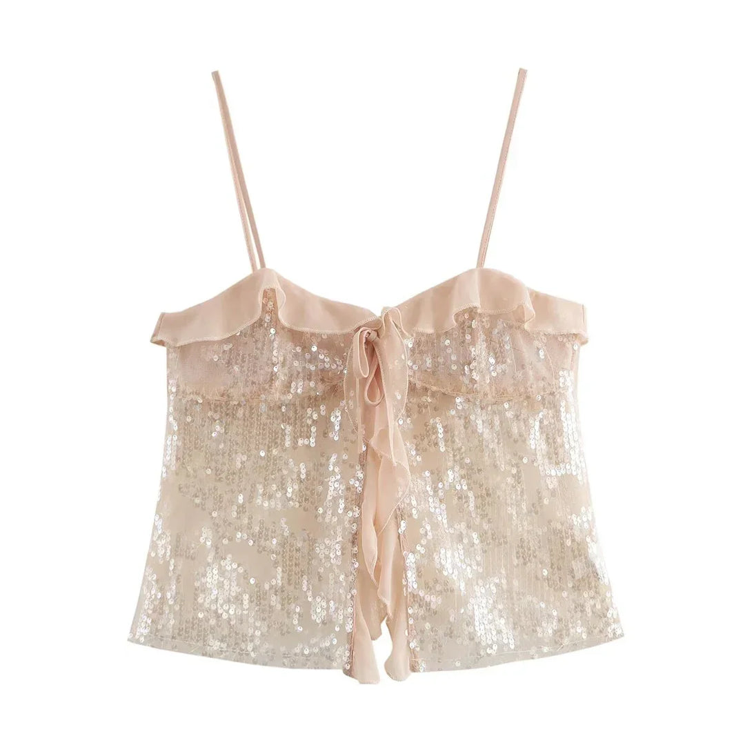Festive Sequin Women's Top with Bow Closure and Ruffles