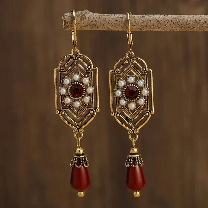 Art Deco Gold Garnet & Pearl Drop Earrings - Elena Harper