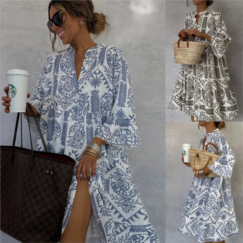 Adeline A-Line Dress with V-Neck Print - Elena Harper