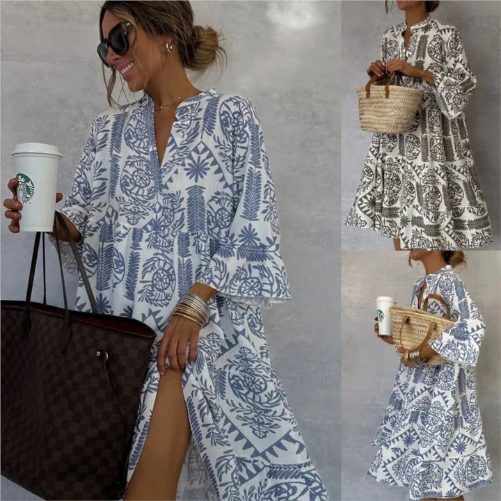 Adeline A-Line Dress with V-Neck Print - Elena Harper