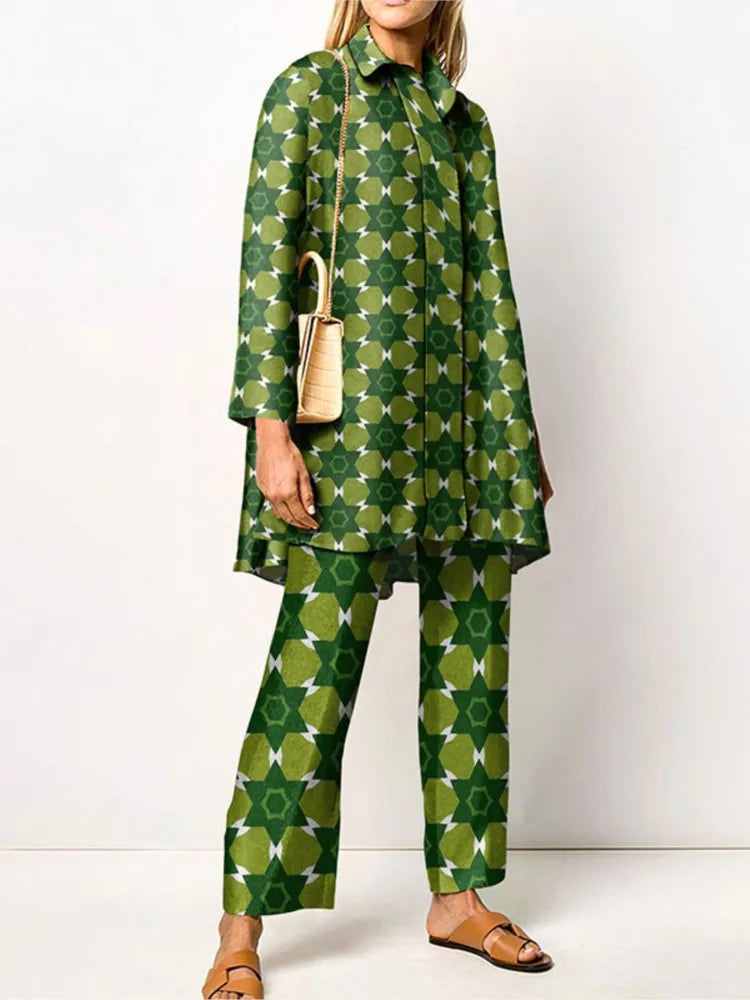 Elegant Vintage Two-Piece Set for Women – Trendy Blouse and Pants