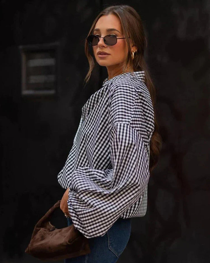 Elegant Oversized Checkered Shirt for Women – Buttoned Balloon Sleeves
