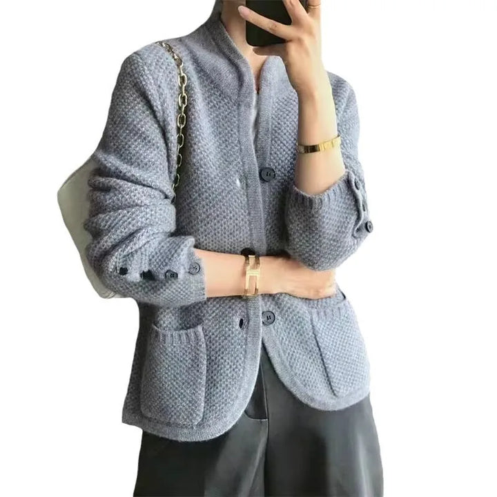 Elara | Structured Knit Cardigan with Modern Stand Collar for Women