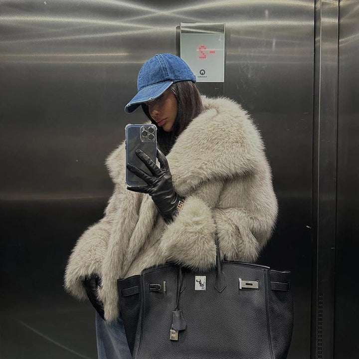 Corinne Faux Fur Coat with Oversized Shawl Collar for Women - Elena Harper