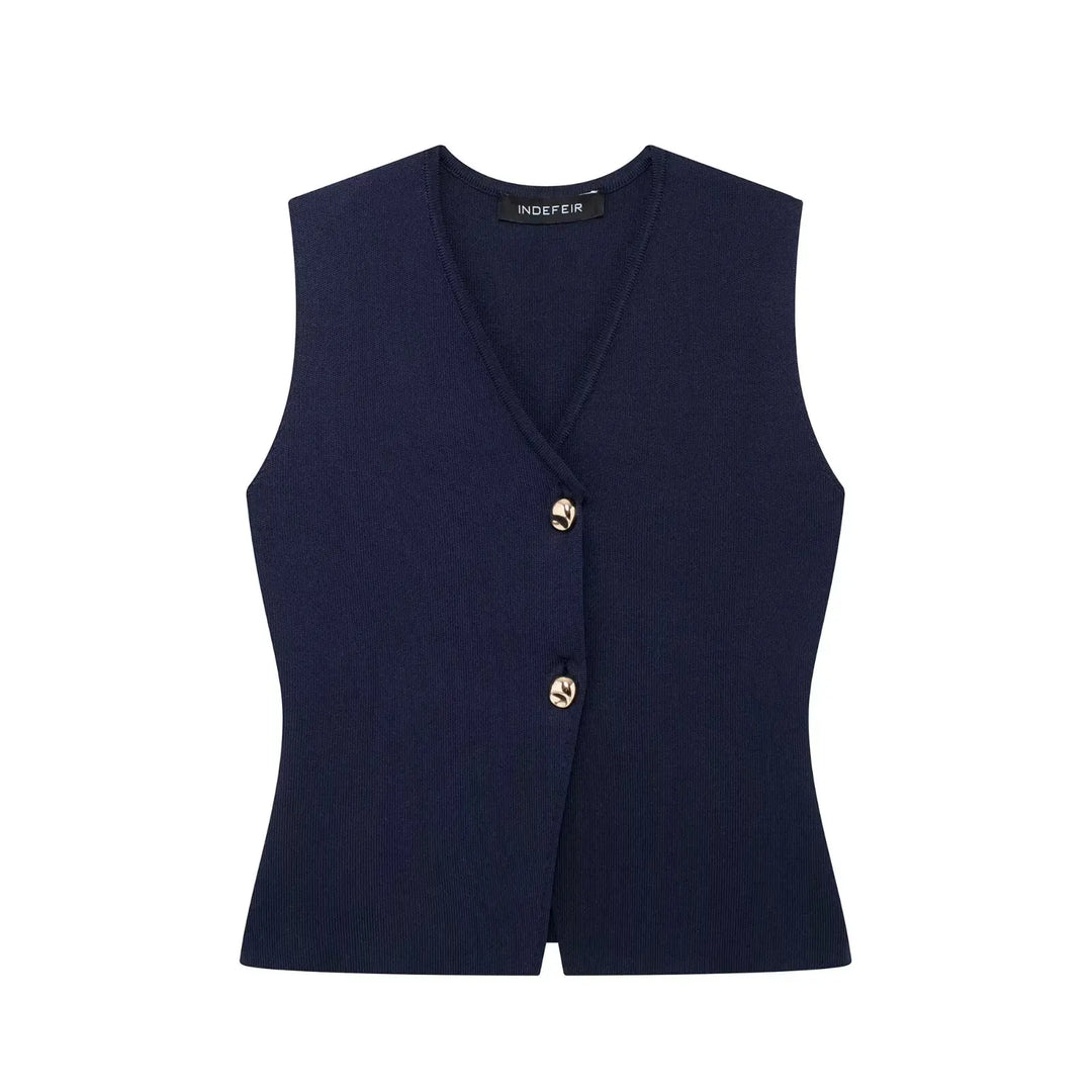 Button Front Knitted Vest Top with Sleeveless Design