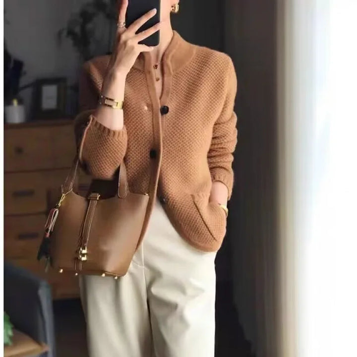 Elara | Structured Knit Cardigan with Modern Stand Collar for Women