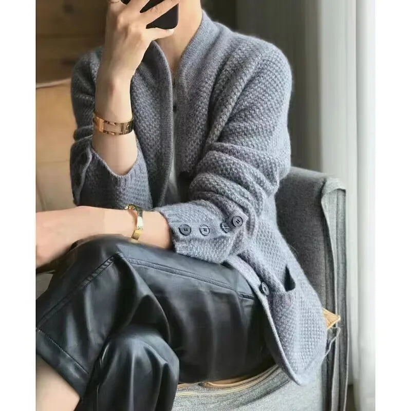 Elara | Structured Knit Cardigan with Modern Stand Collar for Women