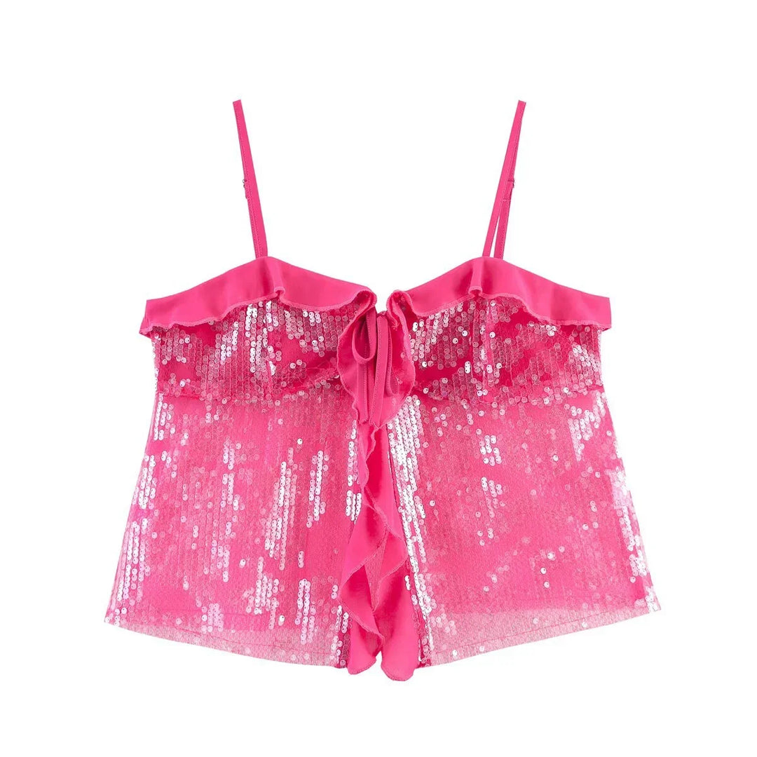 Festive Sequin Women's Top with Bow Closure and Ruffles