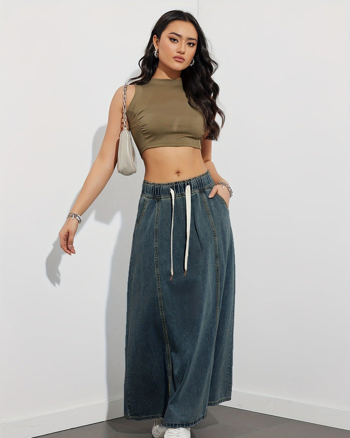 Maxi Skirt for Women with Elastic Waist, Drawstring, and Side Pockets Denim Blend, view 5 - Elena Harper