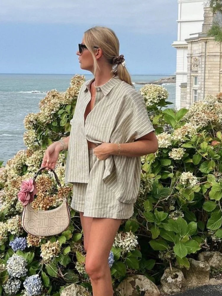 Amber Breezy Striped Shirt Set, view 2 - Elena Harper