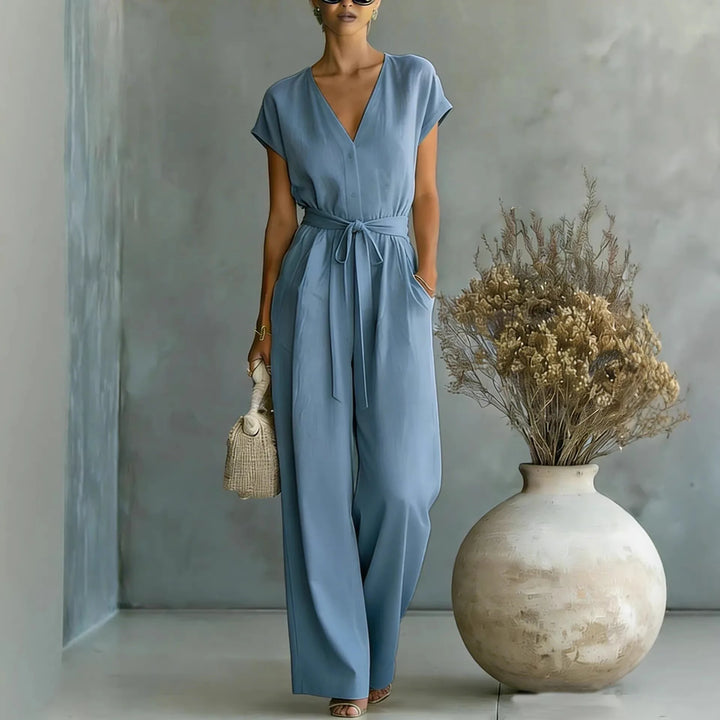 Women's V-Neck Jumpsuit with Belt and Wide Pants