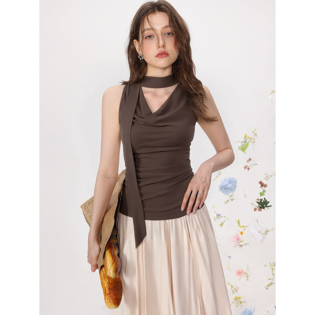 Women’s Sleeveless Modal Top with Waterfall Neckline Brown